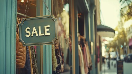 Sale sign hanging outside a shop with a street scene in the background