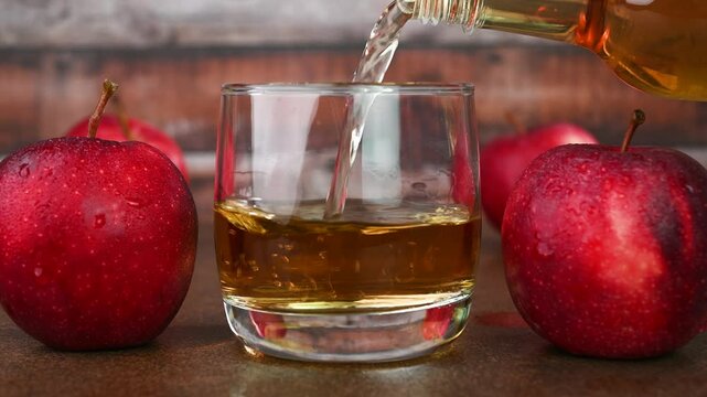 Pouring apple cider vinegar in a glass cup.