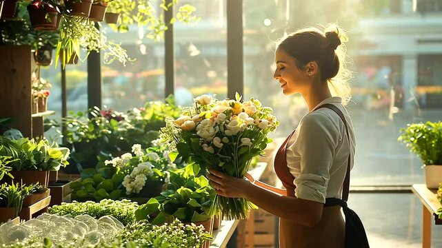 Female Florist with Colorful Bouquet in Bright Flower Shop