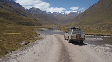 Adventure SUV Crossing River in Majestic Mountain Landscape