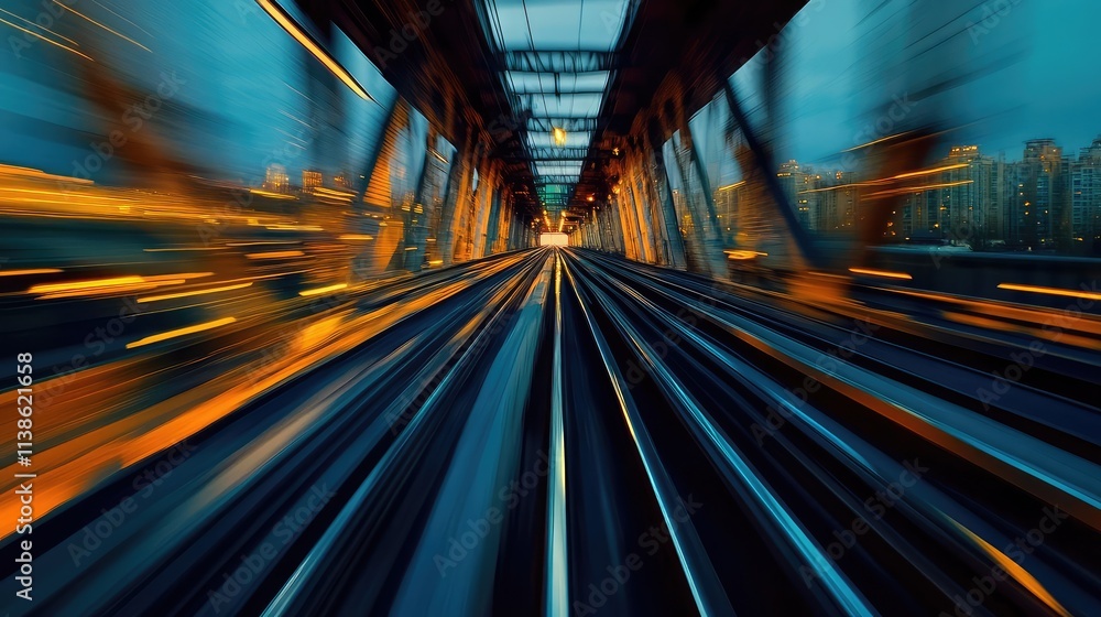 Poster a close-up of a high-speed train crossing a bridge, with motion blur emphasizing the train's speed a