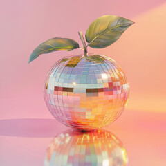 Fruit made from disco ball, pastel background, in the style of hyper-realistic photography