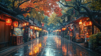 Fototapeta premium Rainy Autumn Evening in a Japanese Street