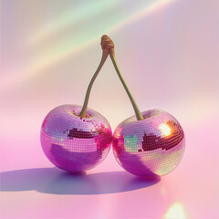 Fruit made from disco ball, pastel background, in the style of hyper-realistic photography