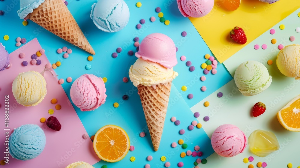 Wall mural Colorful ice cream cones with fruits on a vibrant background