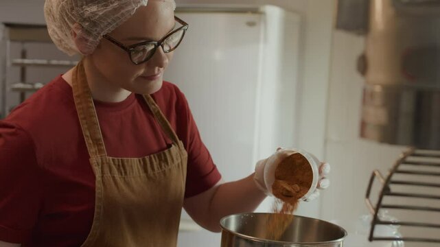 Waist up of young Caucasian female pastry chef in hairnet, gloves and apron for hygiene carefully measuring cocoa solids while preparing flavorful ingredient mix in professional kitchen