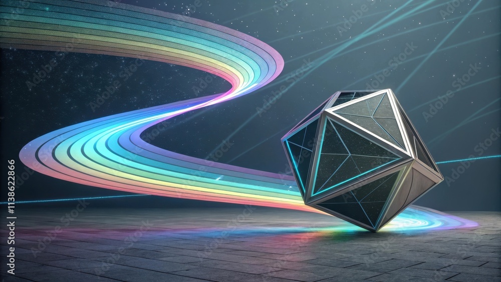 Poster swirling rainbow light trails encircle a futuristic polyhedron shape, floating above a dark space fi