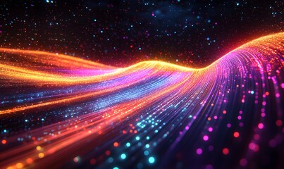 Obraz premium A network grid with flowing, multicolored light trails representing data streams