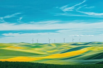 Obraz premium Scenic Fields with Wind Turbines Against Blue Sky