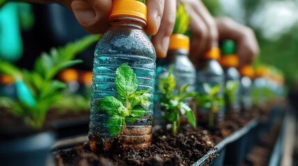A visually striking image of small plants emerging from water bottles, representing sustainable practices and the fusion of nature with innovation in a creative gardening approach.