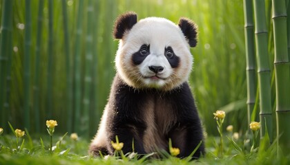 Obraz premium A playful panda cub sitting in a lush green bamboo forest, surrounded by tall stalks and wildflowers, with soft sunlight creating a serene and vibrant atmosphere