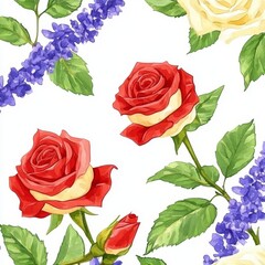 Naklejka premium The hand-drawn background complements a seamless pattern of burgundy flowers and leaves, making it ideal for wallpaper or fabric use. Rose florals are included, giving it a botanic tile appearance.