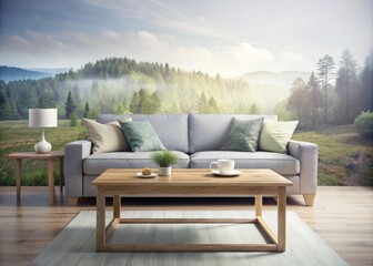 Fototapeta premium A grey sofa floats in a white room, a double exposure dream. Surreal interior design, abstract art photography.