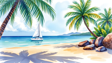 Naklejka premium Sailboat on calm turquoise ocean with palm trees and rocks on a sunny beach in a tropical illustration