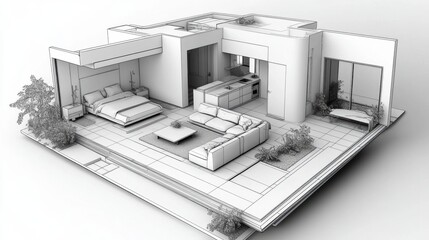Modern House Architectural Wireframe Model