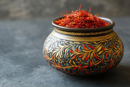 Colorful Pot Filled with Vibrant Saffron Threads