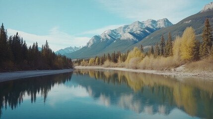 Serene Mountain Landscape with Calm River Reflections and Autumn Colors