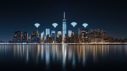 Obraz premium Night view of New York cityscape featuring digital wireless network connection concept highlighted by vibrant city lights and skyline