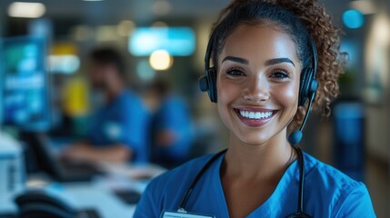 Fototapeta premium A cheerful woman wearing a headset in a busy office environment, showcasing the vibrant atmosphere of teamwork and effective communication in a professional setting.