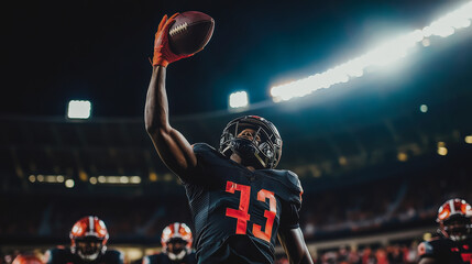 A football player wearing a black jersey with the number 43 on it is holding a f