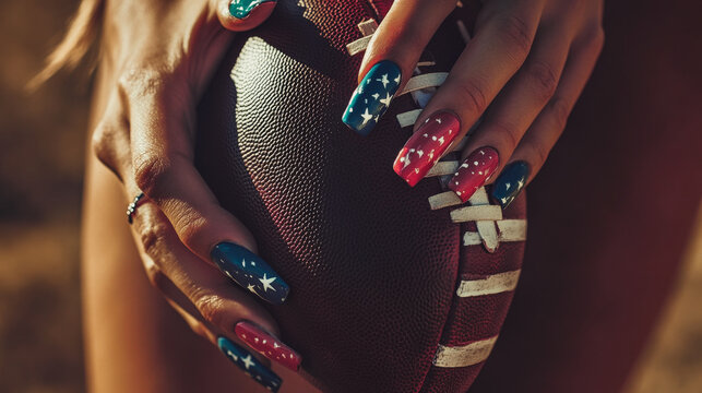 A woman is holding a football with her hands