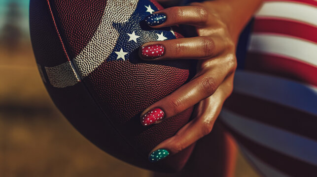 A woman holds a football with the American flag painted on it