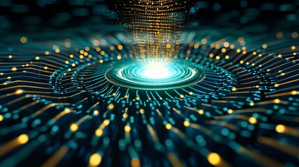 Abstract digital vortex with glowing blue and orange lights, creating a captivating tech-inspired atmosphere.