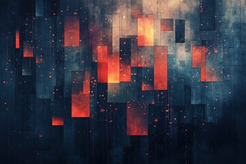 Obraz premium Abstract Digital Art with Red and Orange Geometric Shapes and Scattered Lights