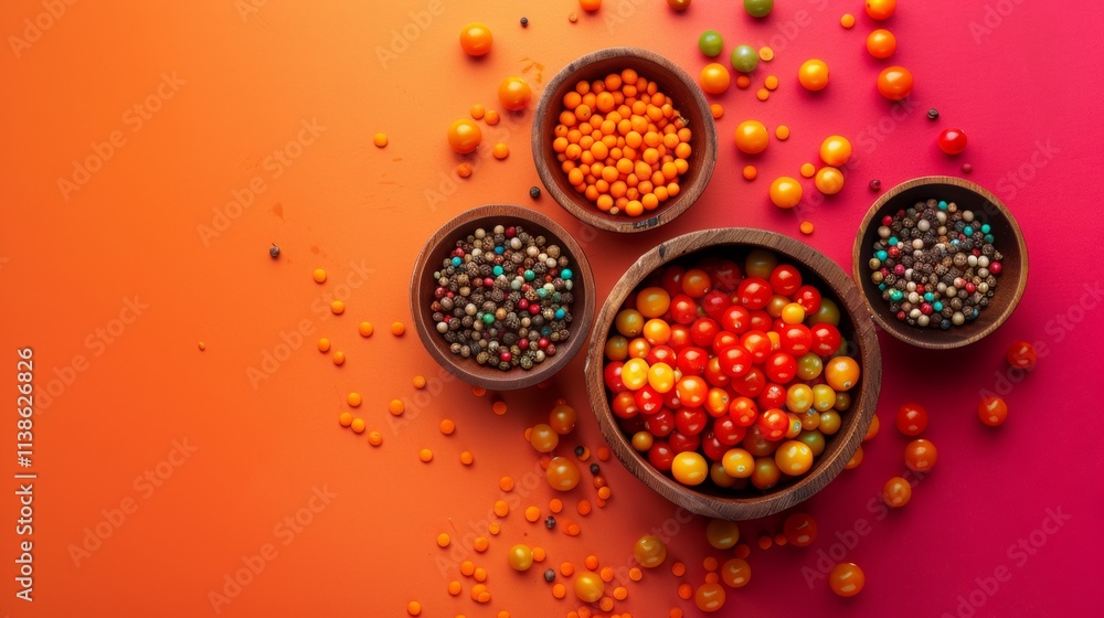 Poster spices and seeds arranged on a gradient orange and red background