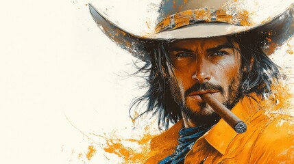 A rugged man in a cowboy hat, smoking a cigar, with an artistic splash of color.