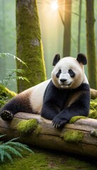 Obraz premium A serene giant panda resting on a moss-covered bamboo log in a tranquil forest, surrounded by soft sunlight and lush greenery, creating a peaceful and picturesque scene