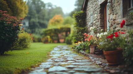 Obraz premium Stone path beside a cottage garden after rain.