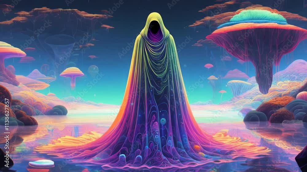 Poster alien being stands on the water's surface of a vibrant planet, draped in a flowing iridescent cloak.