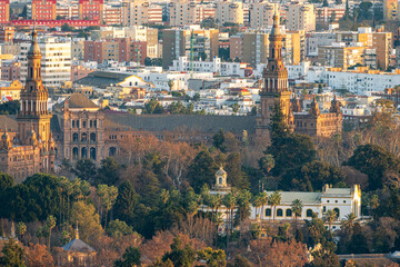 Fototapeta premium Breathtaking aerial view of Plaza de Espana in Seville, Spain at sunset