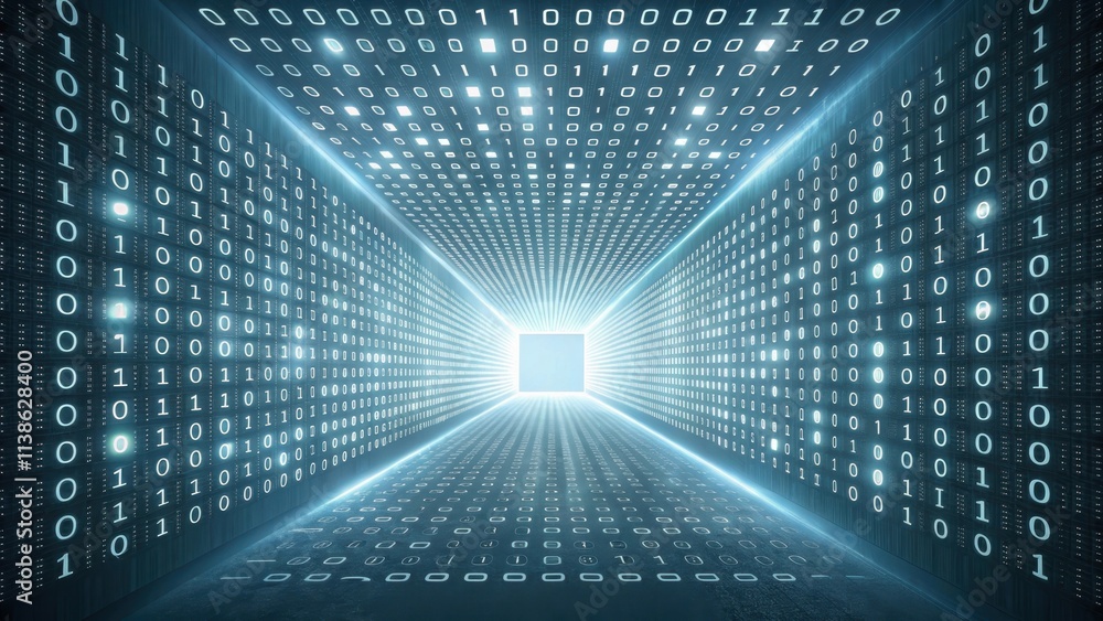 Poster futuristic concept of binary code forming a glowing tunnel, symbolizing data transmission, digital t