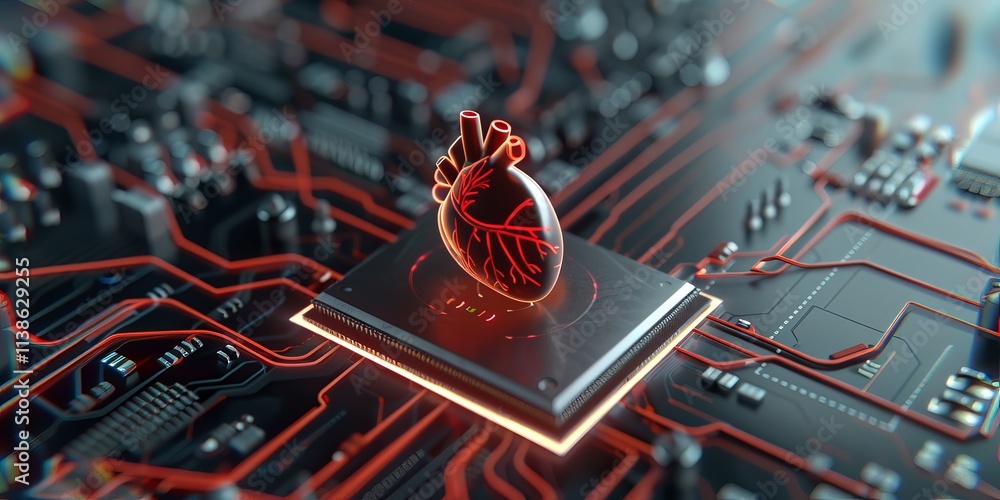 Fototapete A surreal blend of technology and anatomy, featuring a glowing heart model on an intricate circuit board, symbolizing the fusion of life and innovation.