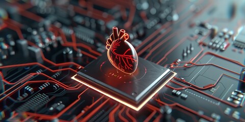 A surreal blend of technology and anatomy, featuring a glowing heart model on an intricate circuit board, symbolizing the fusion of life and innovation.