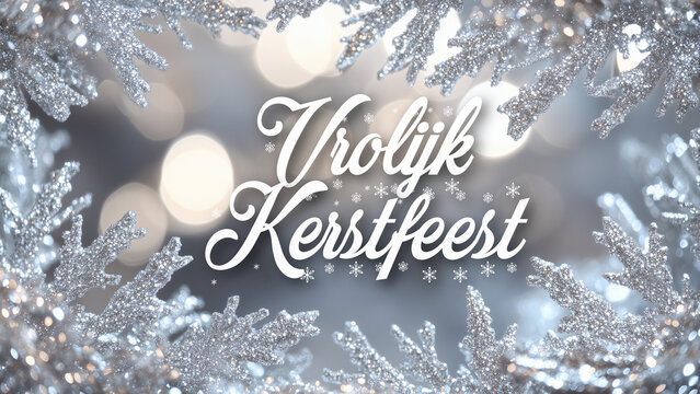 Elegant Christmas Background with Silver Elements and "Vrolijk Kerstfeest" Festive Greeting in Dutch