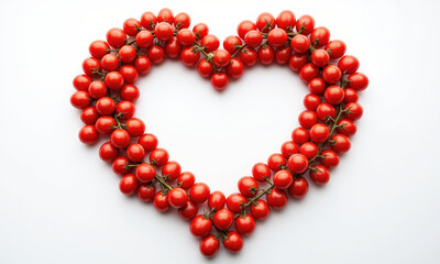 Macro shot of cherry tomatoes arranged in the shape of a heart, bright red tomatoes against a clean white background.