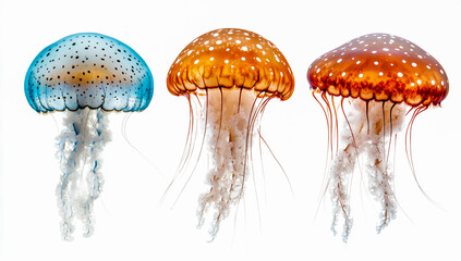 Three Jellyfish in Orange, Blue, and Brown on a White Background