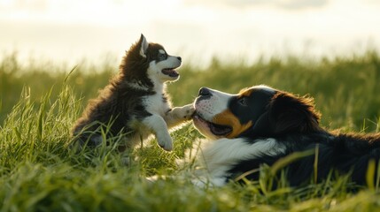Siberian Husky and Bernese Mountain Dog play in meadow