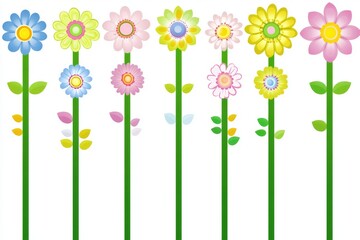 A range of vibrant, stylized flowers and plants displayed on a white canvas