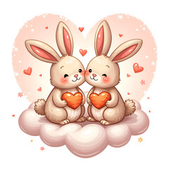 Obraz premium Two adorable bunnies holding hearts in a romantic cloud setting with soft pastel colors, digital illustration of cute characters concept.