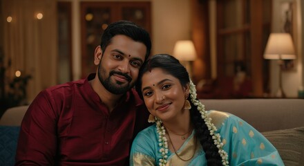 Festive celebration with south asian couple in traditional attire