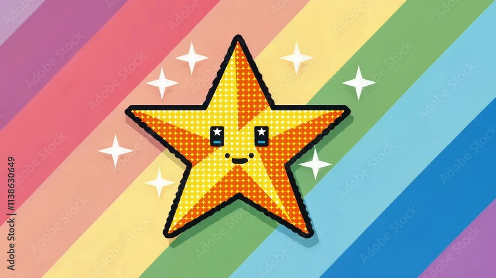 Poster glittering starburst a simple yet vibrant starburst symbol made of tiny squares spins in a dazzling 