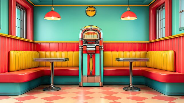 Retro diner booth with jukebox.