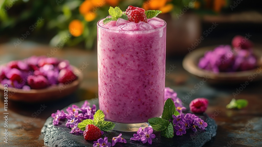 Poster a refreshing raspberry smoothie garnished with mint and surrounded by flowers.