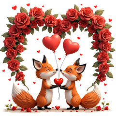 Fototapeta premium Adorable fox couple sharing a heart surrounded by roses and balloons in a love themed illustration, digital illustration of romantic concept.