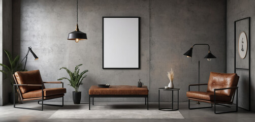 "An empty frame poster mockup in a modern industrial loft living room, featuring a large black metal frame against a raw concrete wall. The setting includes a leather armchair.