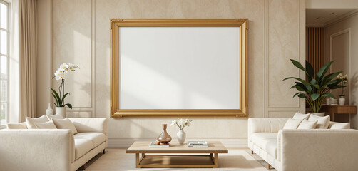 "An empty frame poster mockup in a luxury minimalist living room, with a large golden frame on a textured beige wall. The space features cream-colored sofas, a glass coffee table.